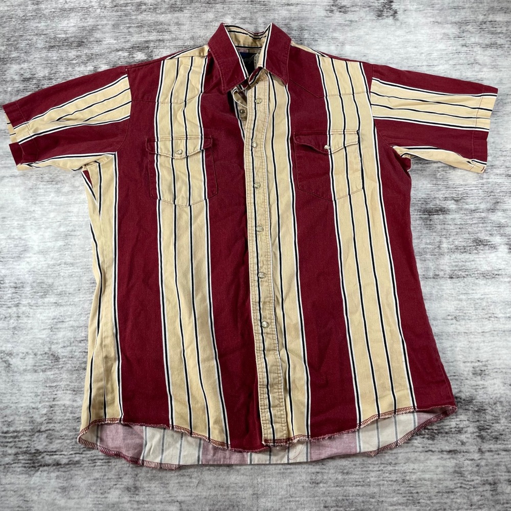 Wrangler Western Shirt Mens Medium Burgundy Tan Striped Pearl Snap Short Sleeve